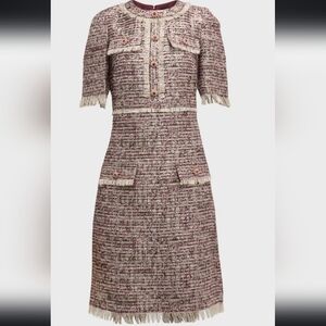 Teri Jon Metallic Tweed Dress With Fringe Hem & Jewel NeckDress in Pink Multi